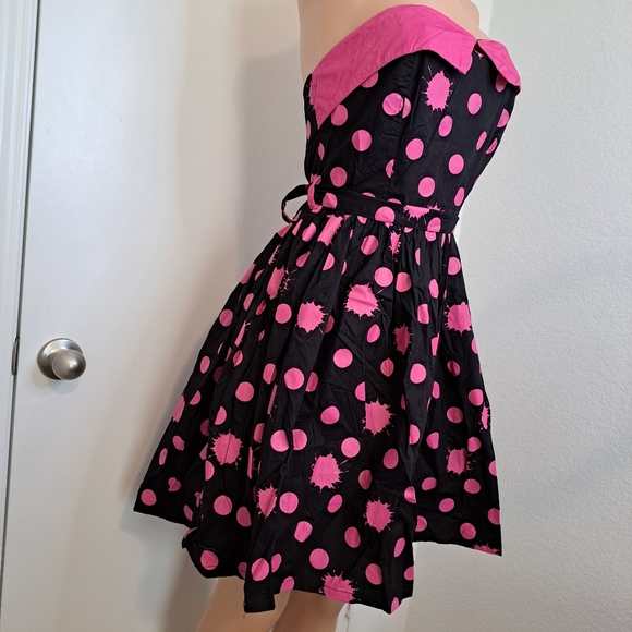 Dead Threads Goth Dress 1950s Retro Style Pink Black Paint Splatter Polka Dots M - Picture 2 of 12